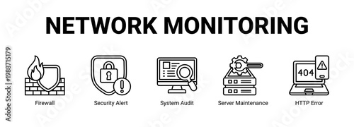 Network Monitoring web banner icon concept, with Firewall, Security Alert, System Audit, Server Maintenance.