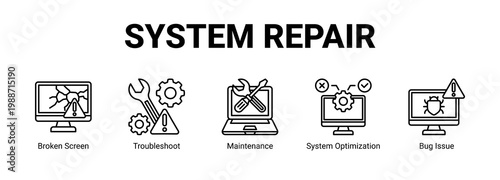 System Repair web banner icon concept, with Broken Screen, Troubleshoot, Maintenance, System Optimization.