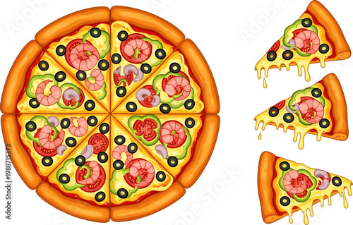 Delicious Pizza Illustration Set Featuring Whole Pie and Slices with Cheese, Pepperoni, Vegetables, and Toppings for Food Menu, Restaurant, and Fast Food Design