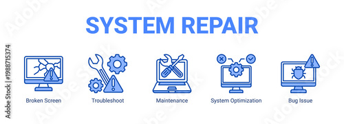 System Repair web banner icon concept, with Broken Screen, Troubleshoot, Maintenance, System Optimization.