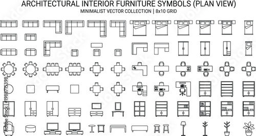 Architectural interior furniture symbols vector set in top view. Thin line CAD icons for floor plans including sofas, beds, tables, chairs, cabinets, fixtures and doors for layout design
