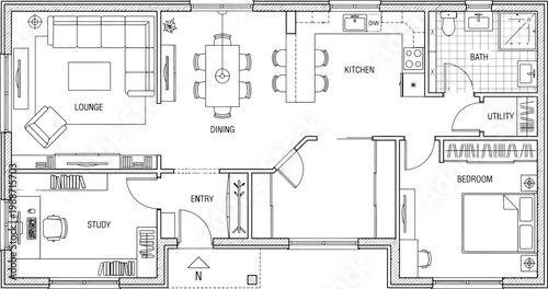 Black and white apartment floor plan vector. Detailed top view residential blueprint with rooms, furniture, doors and windows for real estate, interior design and CAD architectural layout