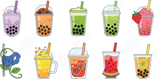 Colorful Bubble Tea and Boba Drink Vector Illustration Set Featuring Matcha, Taro, Strawberry, and Watermelon Flavors for Asian Cafe Menu and Refreshment Designs