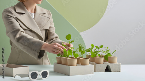 Woman Arranging Seedlings in Biodegradable Pots with Sunglasses