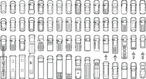 Top view cars and vehicles outline vector set. Thin line automobile icons of cars, vans and small trucks for urban planning, traffic diagrams, parking layouts and CAD architectural design