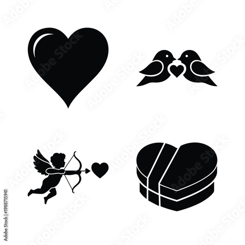 Romantic icons like heart lovebirds cupid heart box and arrow on white
