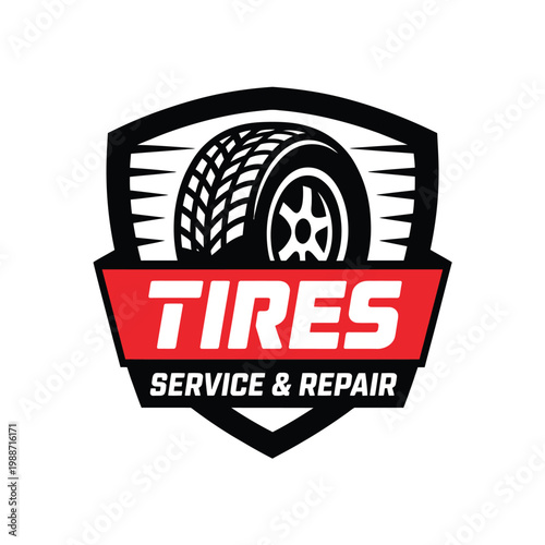 Vintage style logo featuring a tire within a shield shape with text