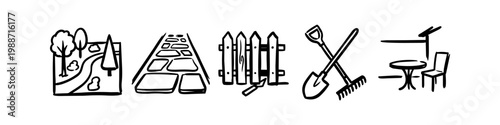 Hand-drawn gardening and landscaping icons set featuring a park scene, stone path, picket fence, garden tools, and patio furniture. Black and white minimalist vector doodles for home improvement.