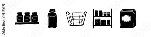 Hand-drawn doodle set of kitchen pantry items including jars on shelves, wire basket, and storage boxes for food organization and home storage concepts.