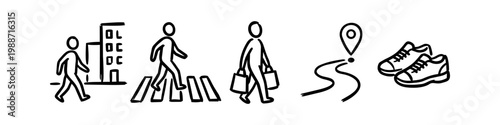Collection of hand-drawn doodle icons representing urban walking, shopping, and navigation. Includes pedestrian, crosswalk, shopping bags, map location, and sneakers on white background.