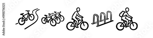 Minimalist hand-drawn bicycle icon set featuring cyclists, a bike rack, and group biking. Perfect for urban commuting, eco-friendly travel, and active lifestyle designs on a white background.