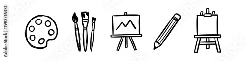 Set of hand-drawn art icons including a palette, paintbrushes, easels, and a pencil. Black and white doodle style elements for creative projects, studio, and artist themes.