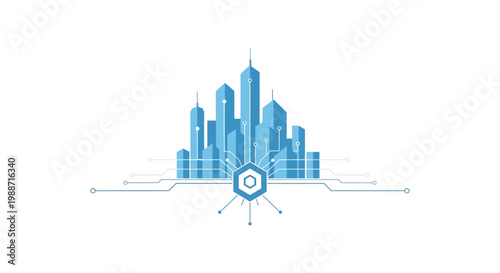 Cityscape with modern skyscrapers and technology.