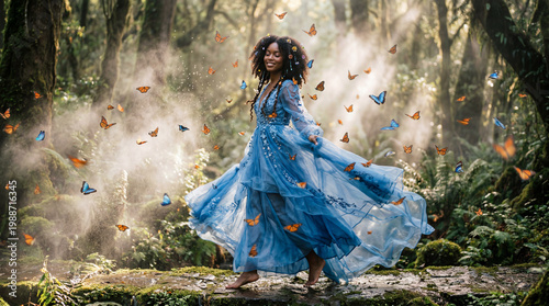 A young black woman in a flowing blue gown walking gracefully through a swirling mist of water and light as delicate orange and blue butterflies dance around her