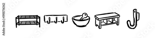 Hand-drawn icons for entryway organization featuring a shoe rack, coat hooks, key bowl, storage bench, and wall hook. Black ink minimalist doodle style on white background.