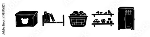 Hand-drawn silhouette icons for kids' room organization, including a toy box, bookshelf, storage basket, wall shelves, and wardrobe. Black and white doodle furniture vector illustrations.