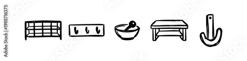 Set of hand-drawn doodle icons for home entryway organization featuring shoe rack, coat hooks, key bowl, bench, and wall hook. Minimalist black and white sketch style.