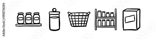 Hand-drawn doodle icons of kitchen storage and pantry organization items including jars, shelves, a basket, and a box. Minimalist black line art on white background for household and food themes.