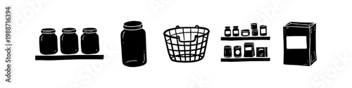 Hand-drawn set of pantry organization icons including glass jars, storage shelves, a wire basket, and food containers. Minimalist black and white doodle style for kitchen and home management.