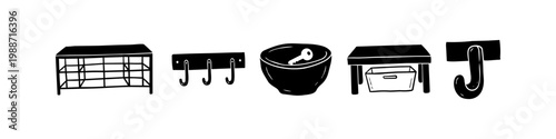 Hand-drawn set of entryway furniture and organization icons including a shoe rack, coat hooks, a key bowl, and a bench with storage. Minimalist black and white vector illustration.