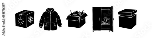 Hand-drawn silhouette icons for seasonal storage and home organization, featuring a winter jacket, holiday decorations, wardrobe, and cardboard boxes. Ideal for decluttering and moving concepts.