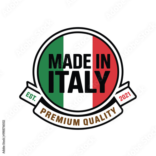 A circular badge displaying made in italy with premium quality details