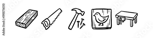 Set of hand-drawn woodworking icons including a saw, hammer, nails, workbench, wooden plank, and bird carving. Minimalist black and white doodle style for DIY, carpentry, and craft themes.