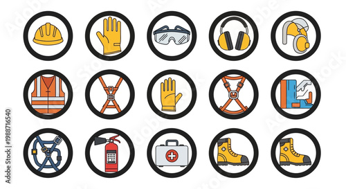 Safety equipment icons on white background.