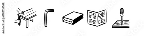 Furniture assembly line art icons showing a table being built, Allen key, flat pack box, instruction manual, and screwdriver. Perfect for DIY, home improvement, and manual illustration projects.