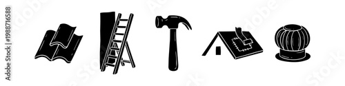 Set of black minimalist silhouettes representing roofing and home repair, featuring roof tiles, a ladder, a hammer, a roof patch being applied, and a turbine vent.