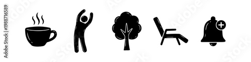 A collection of black silhouette icons for wellness and daily routine, including a hot coffee cup, a person exercising, a tree, a lounge chair, and a notification bell with a plus sign icon.