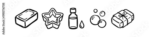 Set of hand-drawn icons featuring soap-making essentials like bar soap, a star mold, essential oil, bubbles, and a wrapped gift bar. Ideal for DIY craft projects and spa branding.