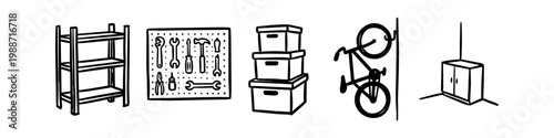 Hand-drawn doodle set of garage organization icons including shelves, tool pegboard, storage boxes, bicycle wall mount, and a cabinet. Minimalist black line art for home improvement projects.