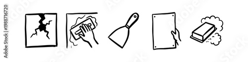 Hand-drawn icons illustrating wall repair steps: crack, plaster application, putty knife, smoothing surface, and sanding. Ideal for home improvement and DIY projects.