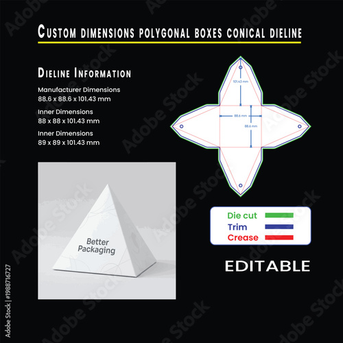 Conical polygonal box dieline and 3D model with dimensions and instructions packaging template