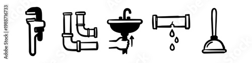 Hand-drawn plumbing icons set including pipe wrench, pipes, leaking pipe, sink repair, and plunger. Minimalist black ink doodle style for maintenance and DIY repair concepts.