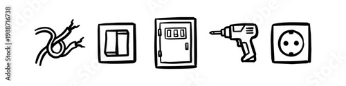 Hand-drawn vector icons for electrical work and home renovation, featuring wires, a light switch, electrical panel, power drill, and wall socket. Minimalist black and white doodle style.