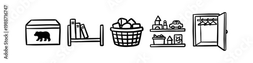 Hand-drawn vector set of home organization icons for nursery and kids' rooms, featuring a toy chest, bookshelf, storage basket, toy shelves, and wardrobe. Minimalist black and white line art.