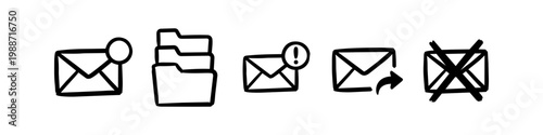 Set of hand-drawn email and folder icons in a minimalist doodle style, including mail notifications, file storage, priority messages, and delete symbols on white background.
