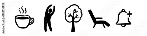 Hand-drawn minimalist icons representing a healthy lifestyle routine: steaming coffee, stretching figure, tree, lounge chair, and notification bell. Clean black and white line art set.