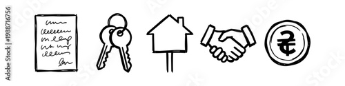 Hand-drawn real estate icons including contract, keys, house sign, handshake, and Ukrainian hryvnia coin. Ideal for property deals, rentals, and mortgages in Ukraine. Simple sketchy doodle style.