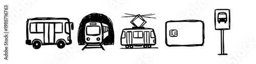 Hand-drawn public transportation icons including bus, subway, tram, travel card, and bus stop sign. Minimalist black ink doodle style for urban transit and commuting concepts.