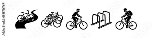 Set of black and white cycling icons featuring a bicycle on a path, multiple parked bikes, cyclists riding with helmets, and a bicycle parking rack. Minimalist urban mobility concept.