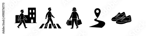 Set of minimalist black icons representing urban lifestyle, walking, shopping, city navigation, and footwear. Ideal for web design, apps, and infographics.