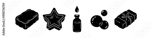 Hand-drawn vector icons for soap making featuring a bar of soap, star mold, essential oil bottle, bubbles, and wrapped gift. Ideal for DIY spa, craft hobby, and natural skincare branding.