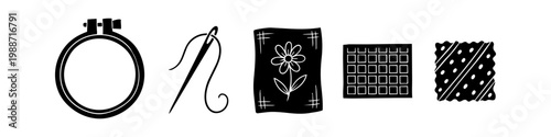 Set of black silhouette icons illustrating embroidery and needlework tools including hoop, needle with thread, flower pattern fabric, aida cloth, and textile swatches on a white background.