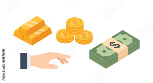 Gold bars coins and money with a hand reaching out.