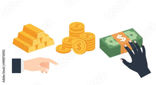 Gold bars coins and cash money with hands pointing and grabbing.