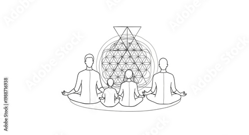 Group of people meditating together in a circle with spiritual symbols.