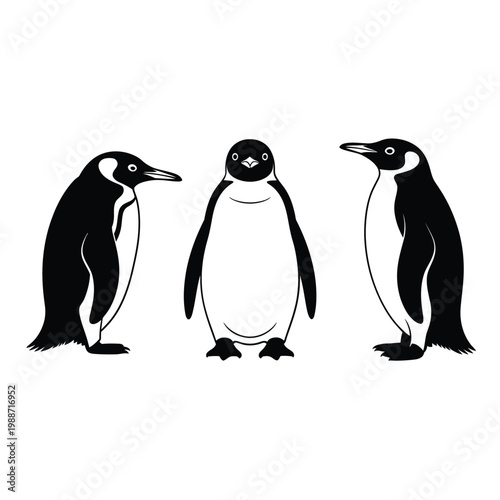 Three penguins in a black and white graphic illustration facing forward